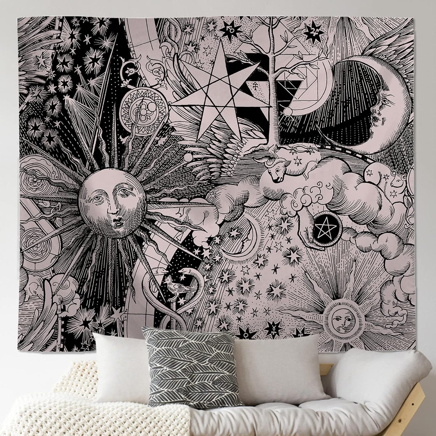 Sun and Moon Tapestry, Grey Sun and Moon Tapestry and Burning Sun Moon with Stars Psychedelic Popular Mystic Wall Hanging Tapestry for Bedroom Home Decor(60L X 50W Inches)