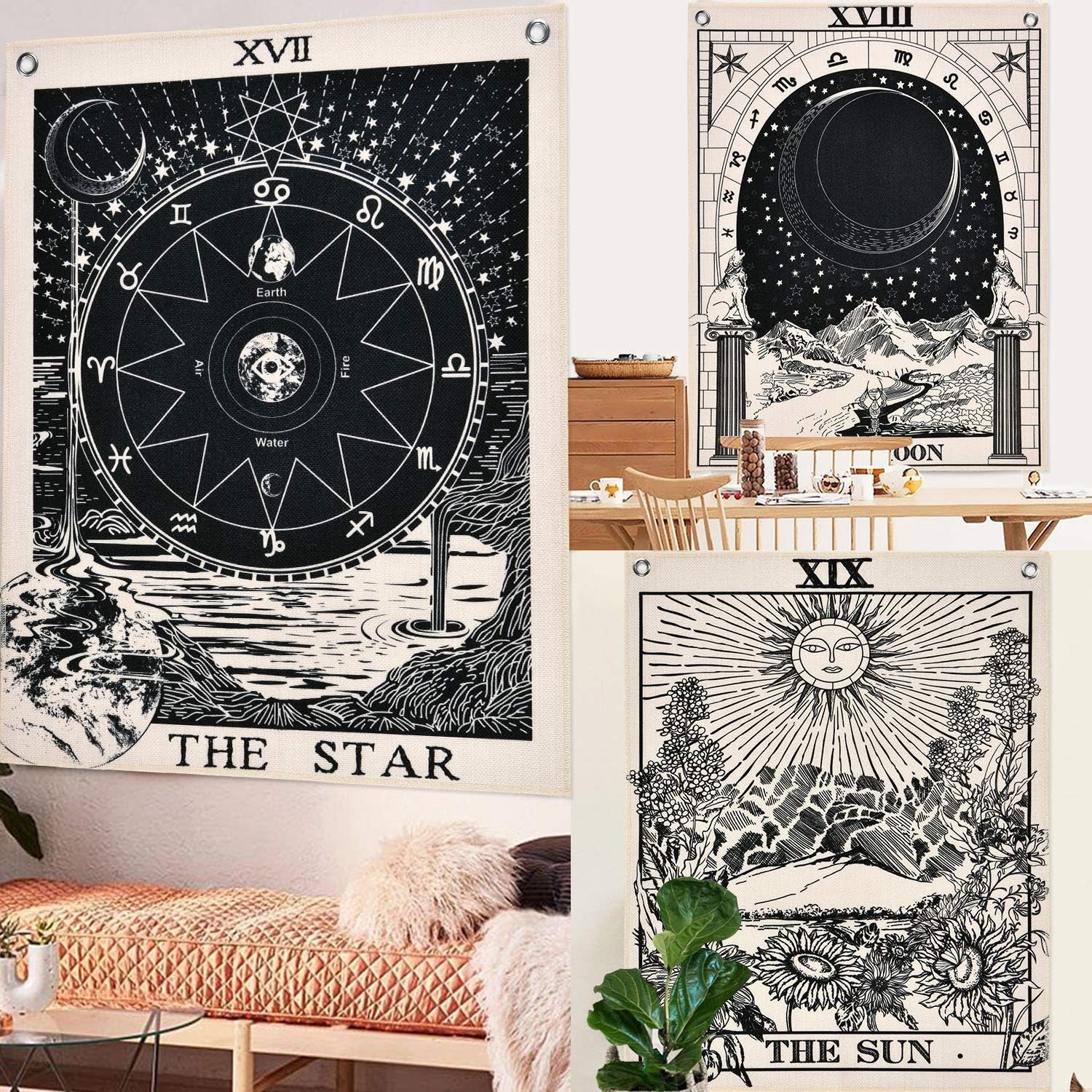 Pack of 3 Tarot Tapestry the Sun the Moon the Star Tarot Card Tapestry with Rustproof Grommets, Seamless Nails (Black White, 19.6 X 23.6 Inches)