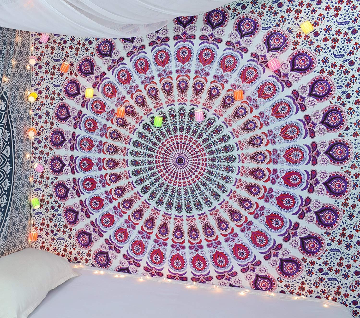 Tapestry Wall Hanging Hippie Mandala Bohemian Hippy Intricate Indian Tapestries Bedspread 84 X 90 Inches (215Cm X 230Cm) White Pink