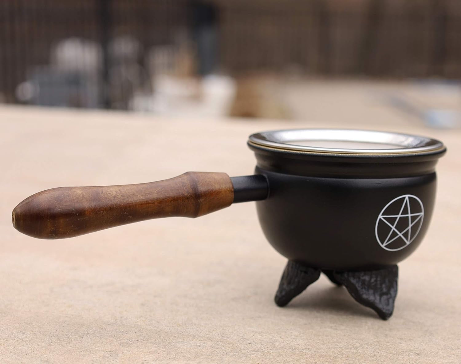 Large Metal Charcoal Incense Burner with Wooden Handle (Pentagram)