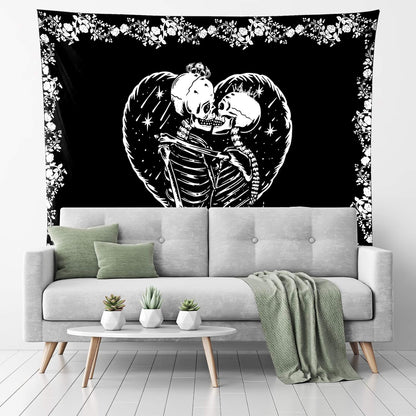 Skull Tapestry Kissing Lovers Tapestry Black and White, Roses, Flowers Background Bedroom Lover Tapestry (Skull Lovers, 59In*51In)