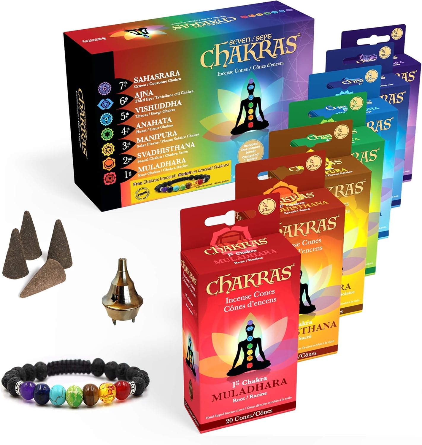 7  Natural Meditation Incense Cones Gift Set - Variety of 7 Aromas - with Bracelet & Golden Burner - 140X 30 Minute Cones - Perfect for Reiki, Yoga, Healing & Aromatherapy