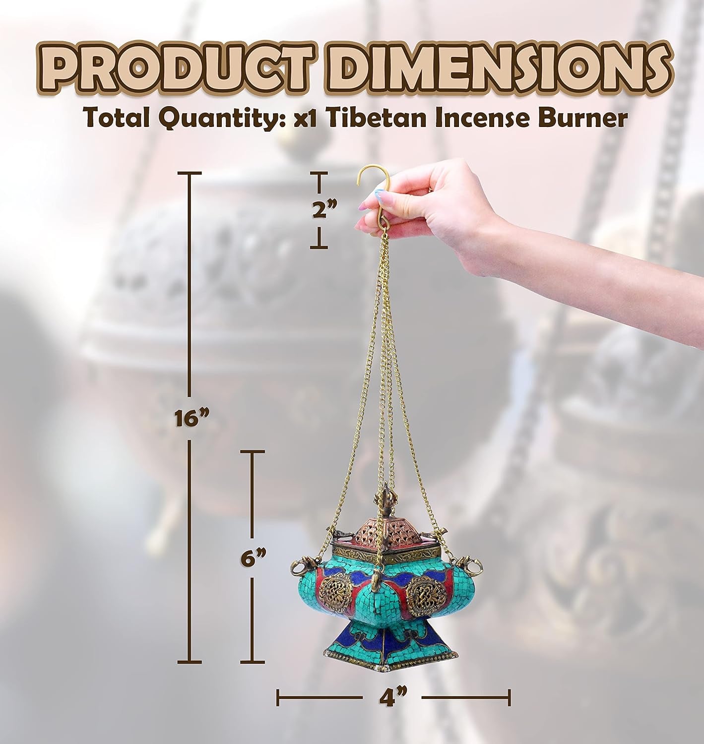 Tibetan Incense Burner – Hanging Censer Incense Burner with Chain – Brass Incense Burner with Lid for Resin Charcoal (Gemstone Inlay)