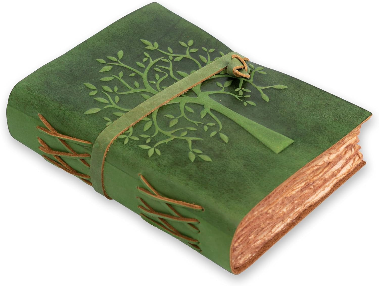 Tree of Life Journal - 8"X6" (A5) Inches - Green - 200 Antique Deckle Edge Handmade Paper – Book of Shadows - Vintage Leather Bound Journal for Women & Men