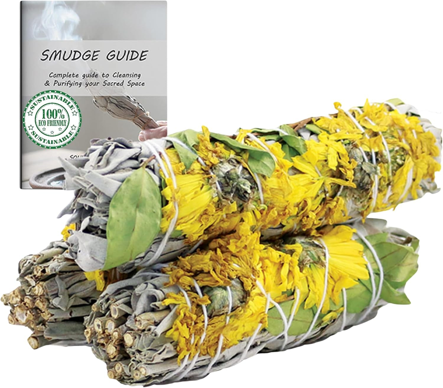 Sunflowers & Organic White Sage Smudge Sticks for Cleansing Home, Meditation, Yoga, Healing and Smudging | Sustainably Sourced California White Sage Bundles (3 Pack - 4 Inch)