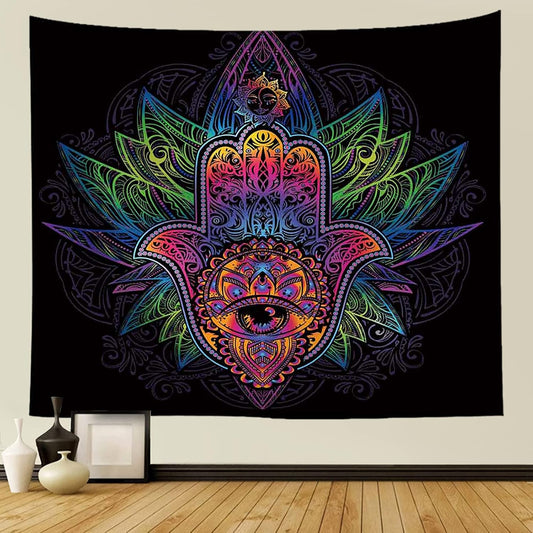 Psychedelic Tapestry, Trippy Indian Mandala Lotus Colorful Evil Eye Hamsa Hand Bohemian Tapestries for Home Bedroom Dorm Studio Living Room Decor - 60L X 50W Inches