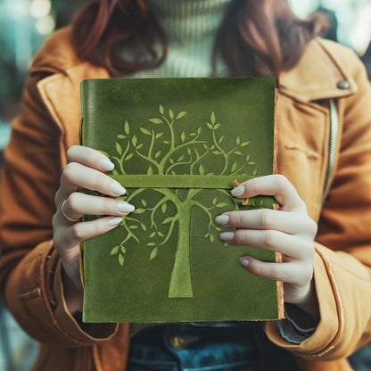 Tree of Life Journal - 8"X6" (A5) Inches - Green - 200 Antique Deckle Edge Handmade Paper – Book of Shadows - Vintage Leather Bound Journal for Women & Men