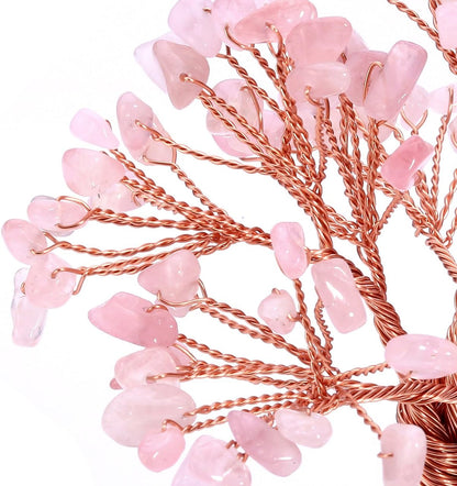 Rose Quartz Healing Crystals Copper Money Tree Desk Office Decor Wrapped on Natural Rose Quartz Base Feng Shui Luck Figurine