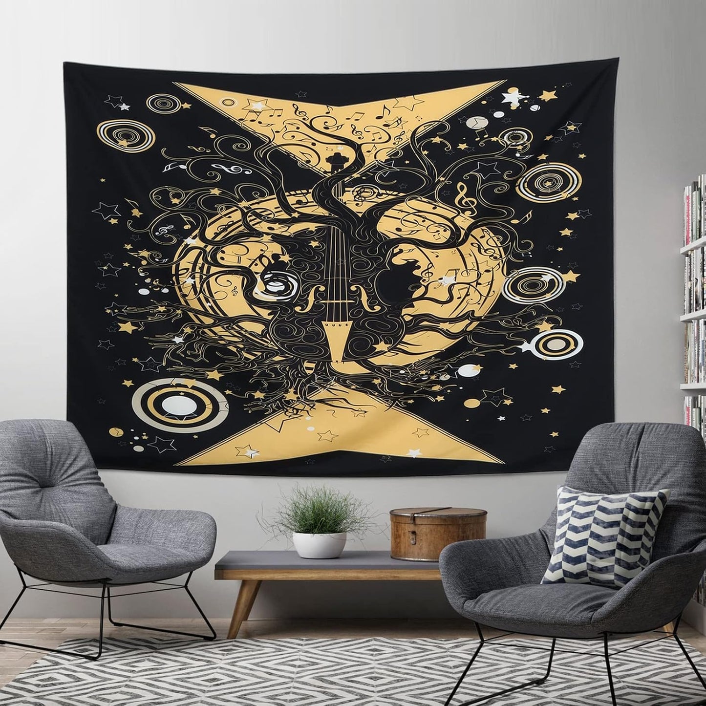 Tree of Life Tapestry Wall Hanging Moon and Star Violin Tree Black Tapestry for Wall Geometric Arabesque Tapestry for Bedroom Aesthetic Home Dorm Tapestries Decor for Living Room