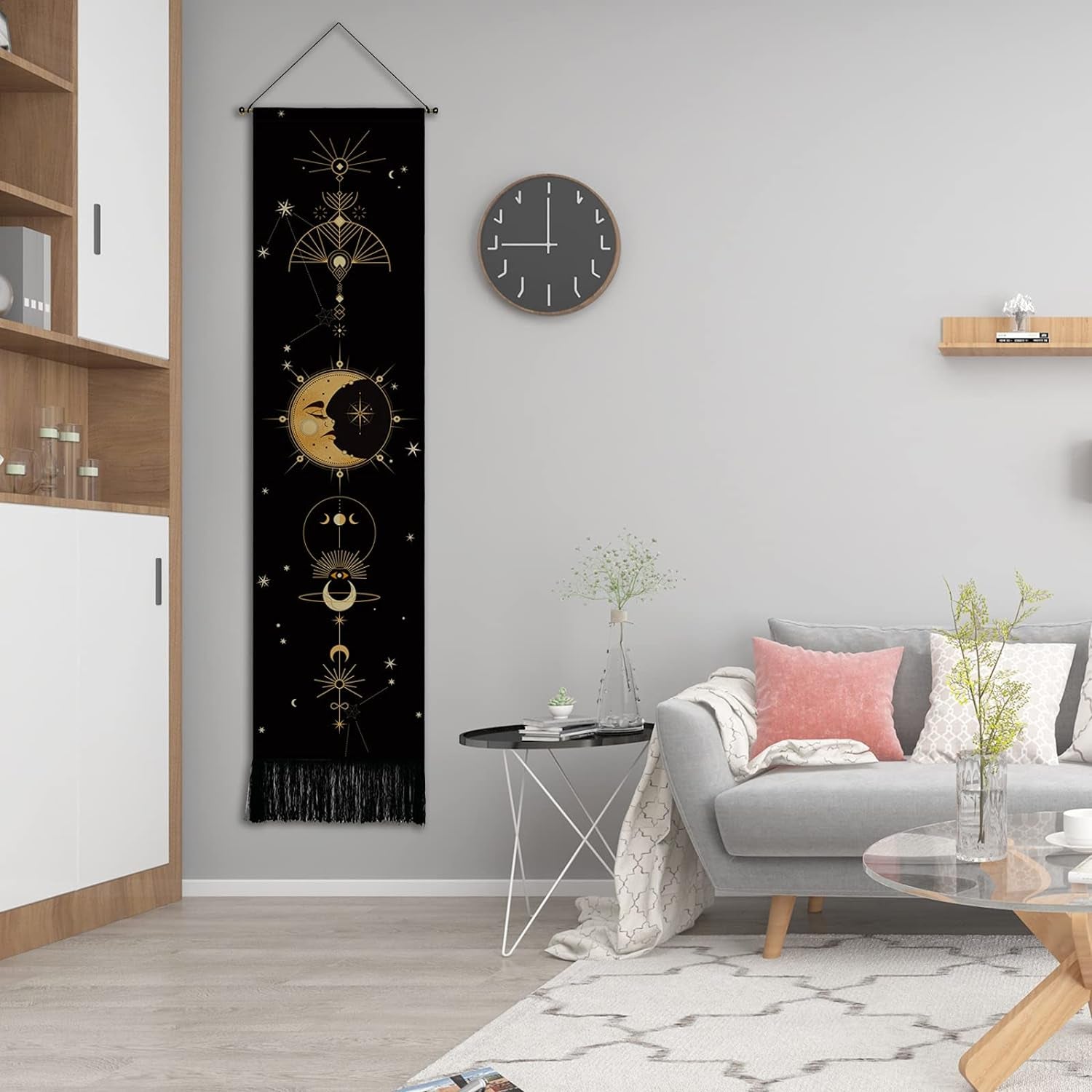 Wall Hanging Tapestry，Aesthetic Tapestry,Bohemian Wall Tapestry，Sun and Moon Tapestry for Room Tapestries(Black Tapestry, 12.8 X 51.2 Inches)