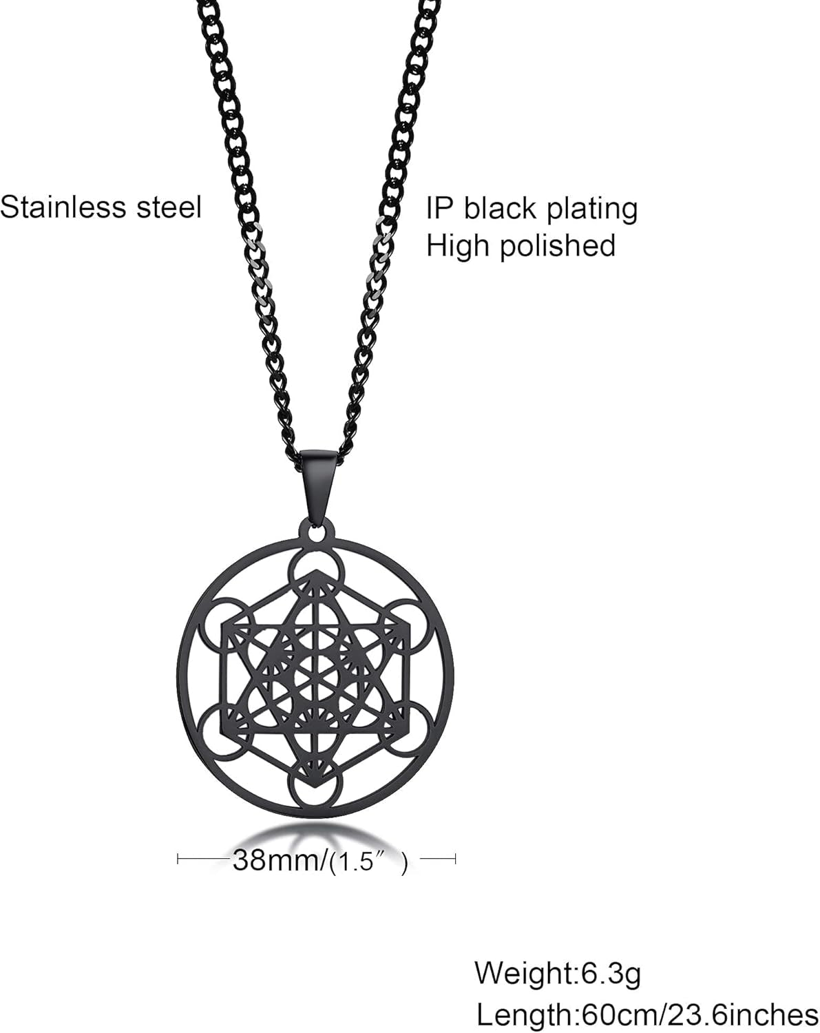 Mens Metatron'S Cube Symbol Medal Necklace,Stainless Steel Sacred Geometry Spiritual Talisman Pendant,24" Chain