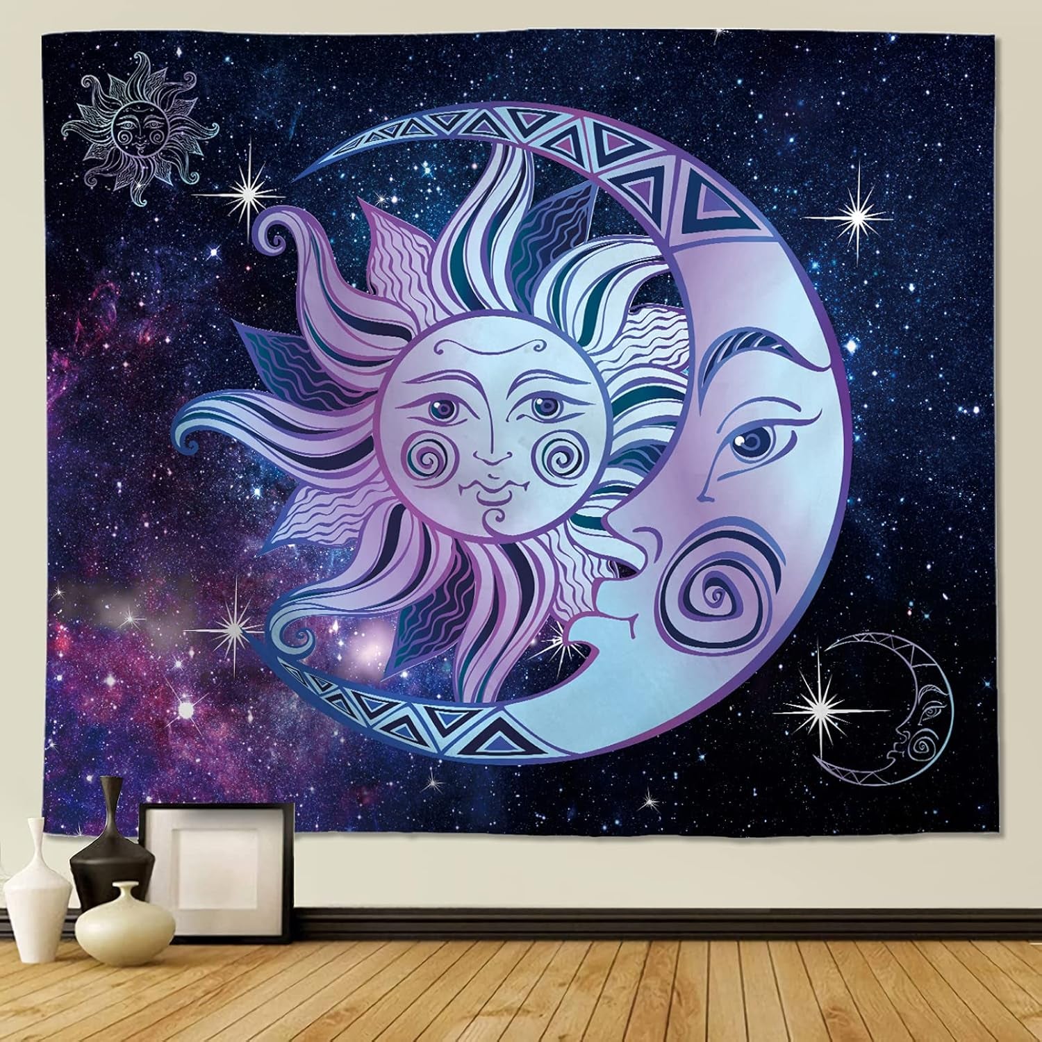 Sun and Moon Tapestry, Purple Blue Burning Sun Moon with Stars Psychedelic Popular Mystic Nebula Starry Wall Hanging Tapestry for Bedroom Home Decor(90L X 70W Inches)