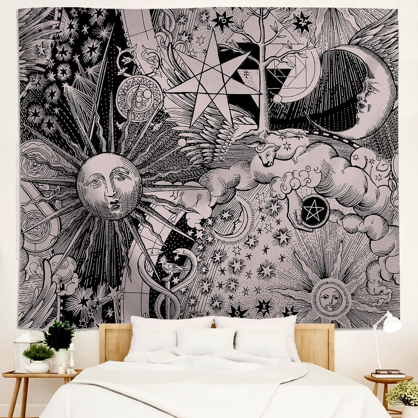 Sun and Moon Tapestry, Grey Sun and Moon Tapestry and Burning Sun Moon with Stars Psychedelic Popular Mystic Wall Hanging Tapestry for Bedroom Home Decor(60L X 50W Inches)