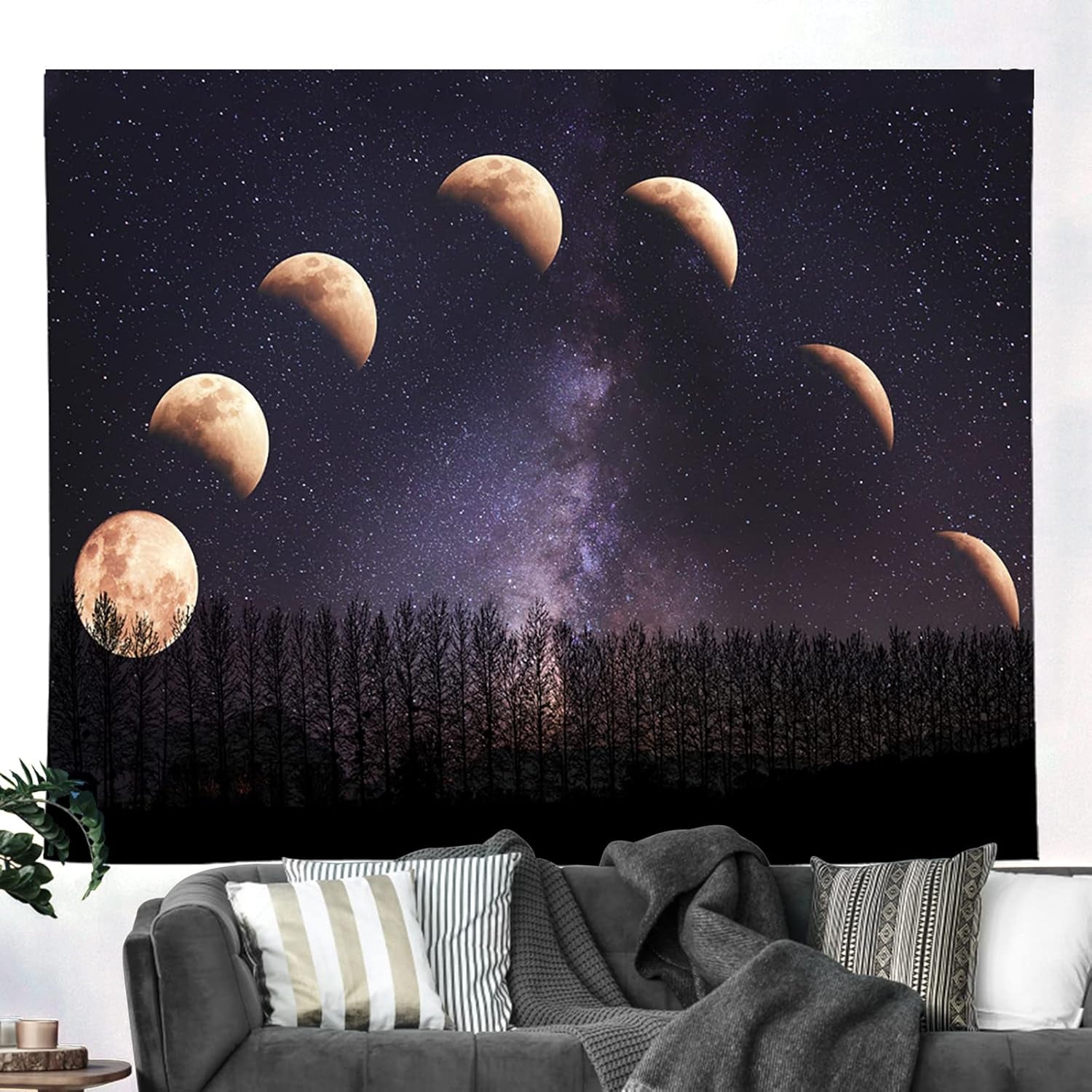 Moon Starry Forest Tapestry and Moon Eclipse Tapestry Moon Phase Change Tapestry Starry Night Sky Space Galaxy Stars Tapestry for Living Room Bedroom(80L X 60W Inches)