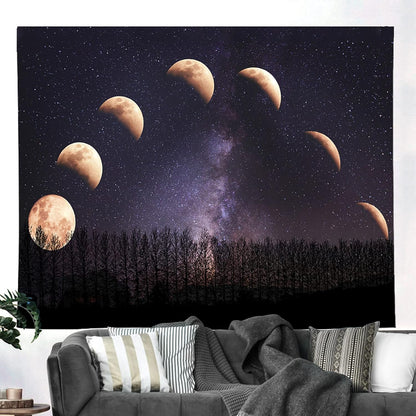 Moon Starry Forest Tapestry and Moon Eclipse Tapestry Moon Phase Change Tapestry Starry Night Sky Space Galaxy Stars Tapestry for Living Room Bedroom(80L X 60W Inches)