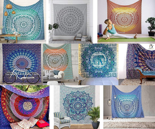 Cotton Mandala Tapestry Wall Hanging - Bohemian Bedspread, Boho Blanket/Throw Tapestries for Living Room, Home Décor (Assorted Packs of 10, 92X82)