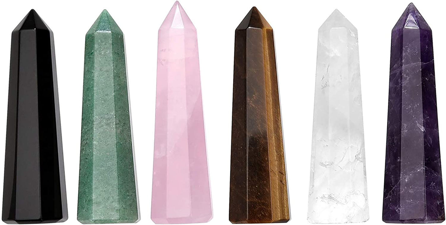 6Pcs Healing Crystals Wand Set Natural Amethyst Rose Quartz Clear Quartz Tiger Eye Green Aventurine Black Obsidian Reiki Healing Crystal Stones Kit for Meditation Yoga Crystal Therapy