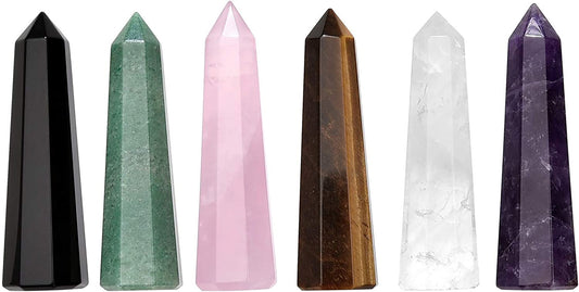 6Pcs Healing Crystals Wand Set Natural Amethyst Rose Quartz Clear Quartz Tiger Eye Green Aventurine Black Obsidian Reiki Healing Crystal Stones Kit for Meditation Yoga Crystal Therapy