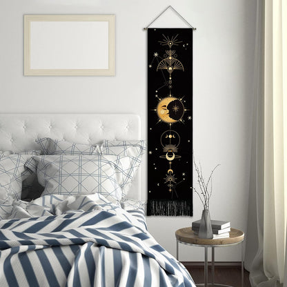 Wall Hanging Tapestry，Aesthetic Tapestry,Bohemian Wall Tapestry，Sun and Moon Tapestry for Room Tapestries(Black Tapestry, 12.8 X 51.2 Inches)