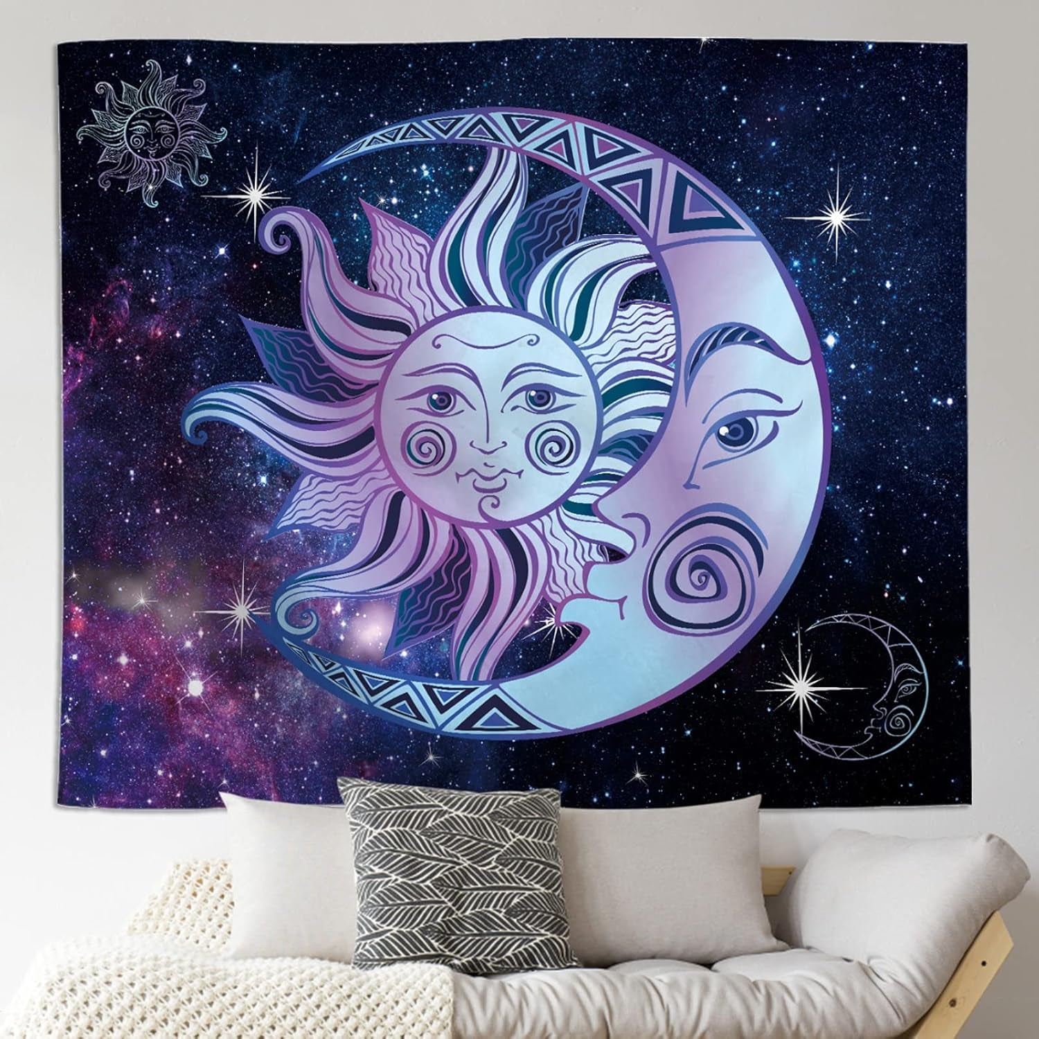 Sun and Moon Tapestry, Purple Blue Burning Sun Moon with Stars Psychedelic Popular Mystic Nebula Starry Wall Hanging Tapestry for Bedroom Home Decor(90L X 70W Inches)