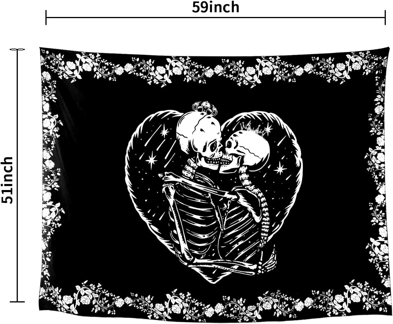 Skull Tapestry Kissing Lovers Tapestry Black and White, Roses, Flowers Background Bedroom Lover Tapestry (Skull Lovers, 59In*51In)