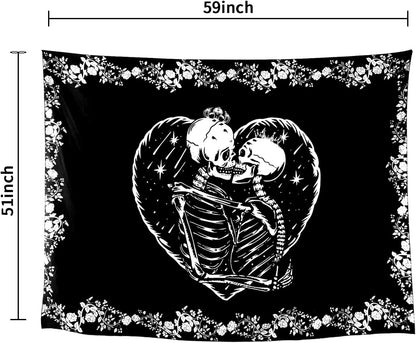 Skull Tapestry Kissing Lovers Tapestry Black and White, Roses, Flowers Background Bedroom Lover Tapestry (Skull Lovers, 59In*51In)